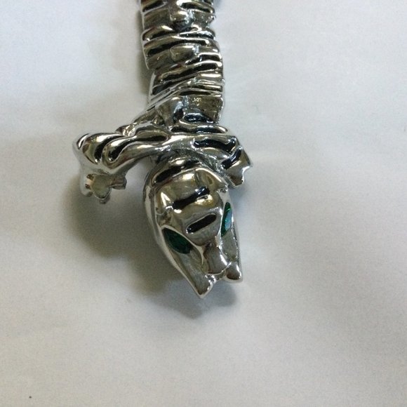 Tiger pin brooch silver tone metal green eyes black enamel long big - Picture 2 of 5